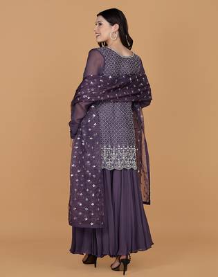 dull purple silk georgette cutdana kurti set with 4