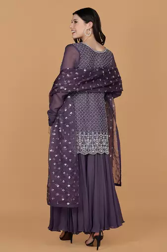 dull purple silk georgette cutdana kurti set with