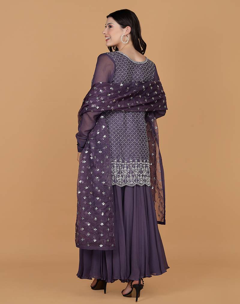 Dull purple silk georgette cutdana kurti set with