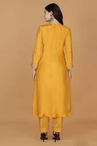 mustard  opara silk pearl cutdana work three piece set