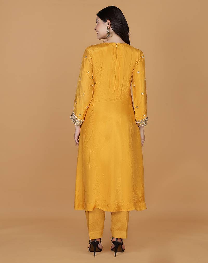 Mustard  opara silk pearl cutdana work three piece set