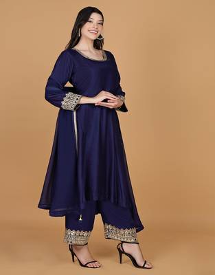 dark blue with mirror work katan silk kurta and pant with georgette duppatta 1