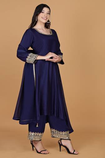 dark blue with mirror work katan silk kurta and pant with georgette duppatta