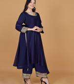 Dark blue with mirror work katan silk kurta and pant with georgette duppatta