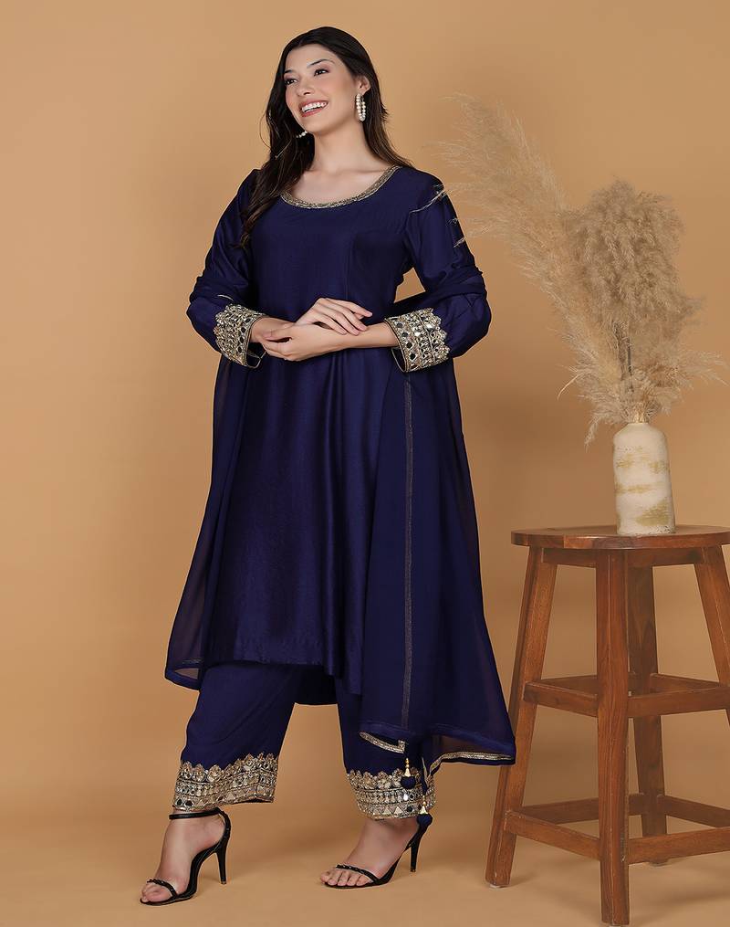 Dark blue with mirror work katan silk kurta and pant with georgette duppatta