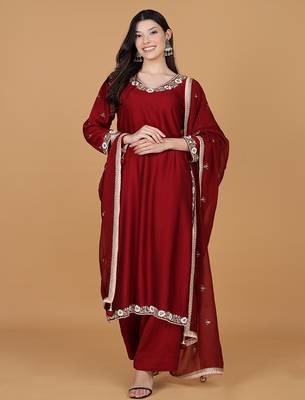 maroon with cutdana pearl and mirror work katan silk kurta pant set 1