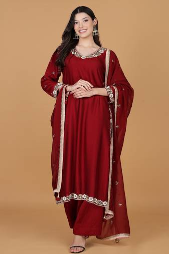 maroon with cutdana pearl and mirror work katan silk kurta pant set