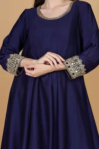 dark blue with mirror work katan silk kurta and pant with georgette duppatta