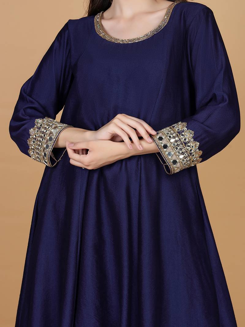 Dark blue with mirror work katan silk kurta and pant with georgette duppatta