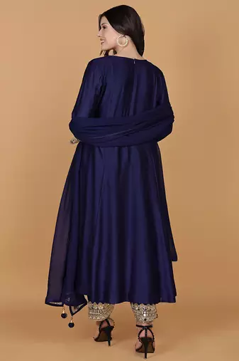 dark blue with mirror work katan silk kurta and pant with georgette duppatta