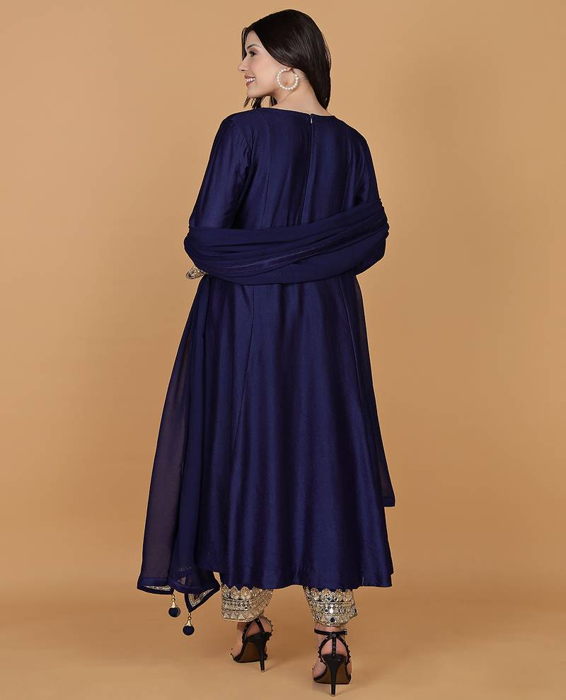 Dark blue with mirror work katan silk kurta and pant with georgette duppatta