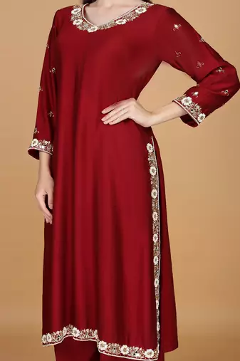 maroon with cutdana pearl and mirror work katan silk kurta pant set