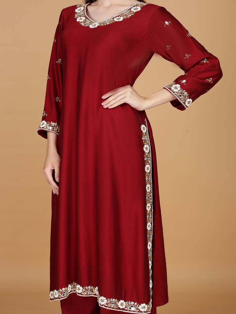 Maroon with cutdana pearl and mirror work katan silk kurta pant set