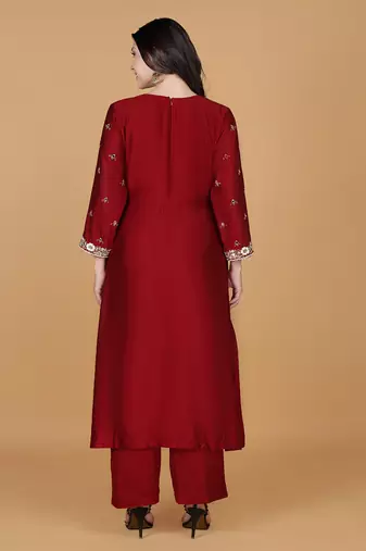 maroon with cutdana pearl and mirror work katan silk kurta pant set