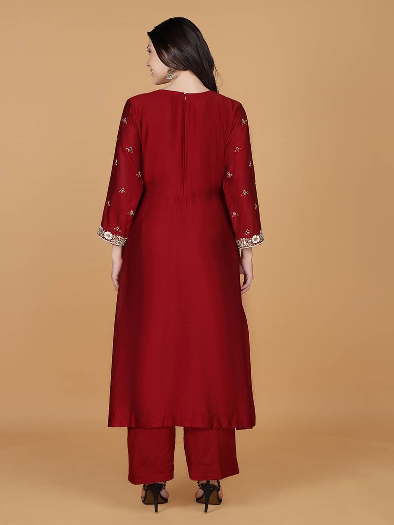 Maroon with cutdana pearl and mirror work katan silk kurta pant set