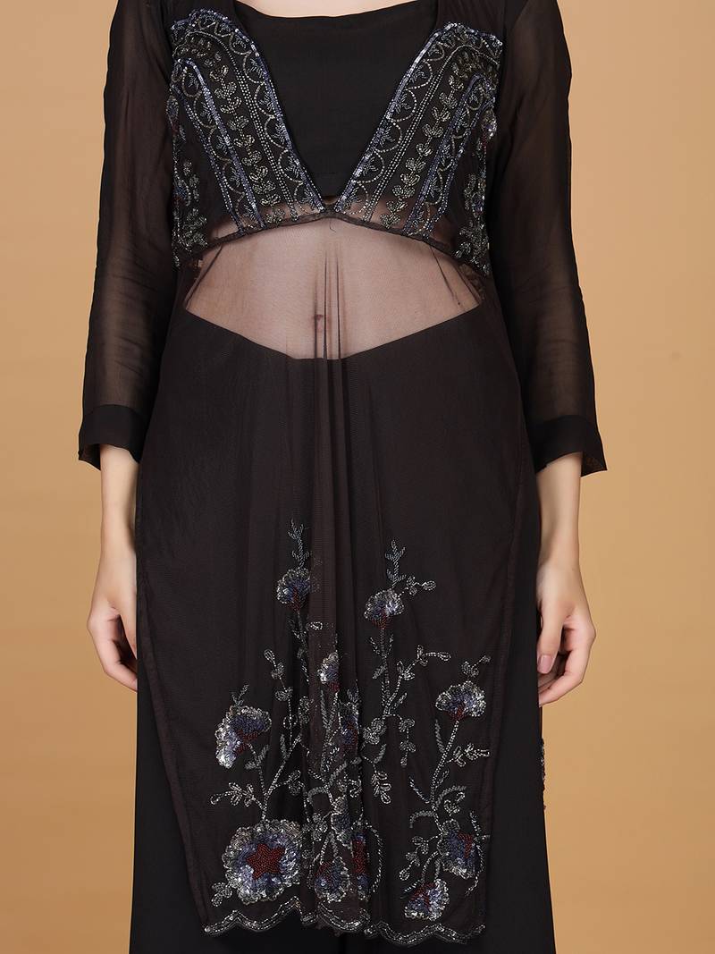 Dark brown georgette sharara set
