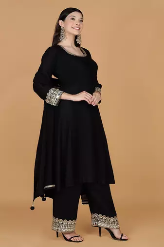 black with mirror work self katan kurta and pant