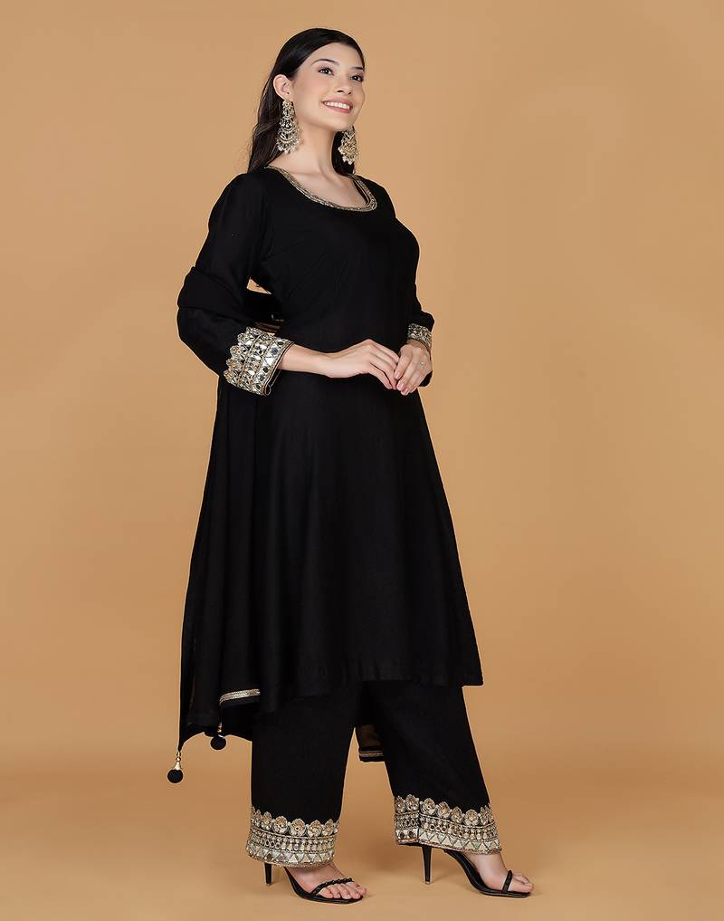 Black with mirror work self katan kurta and pant