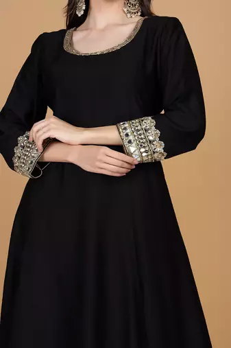 black with mirror work self katan kurta and pant