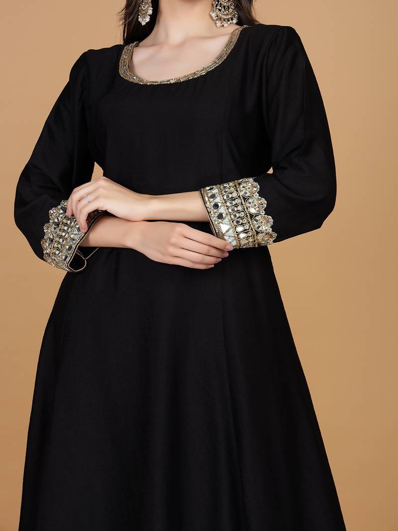 Black with mirror work self katan kurta and pant