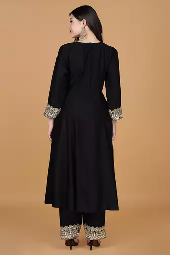 black with mirror work self katan kurta and pant
