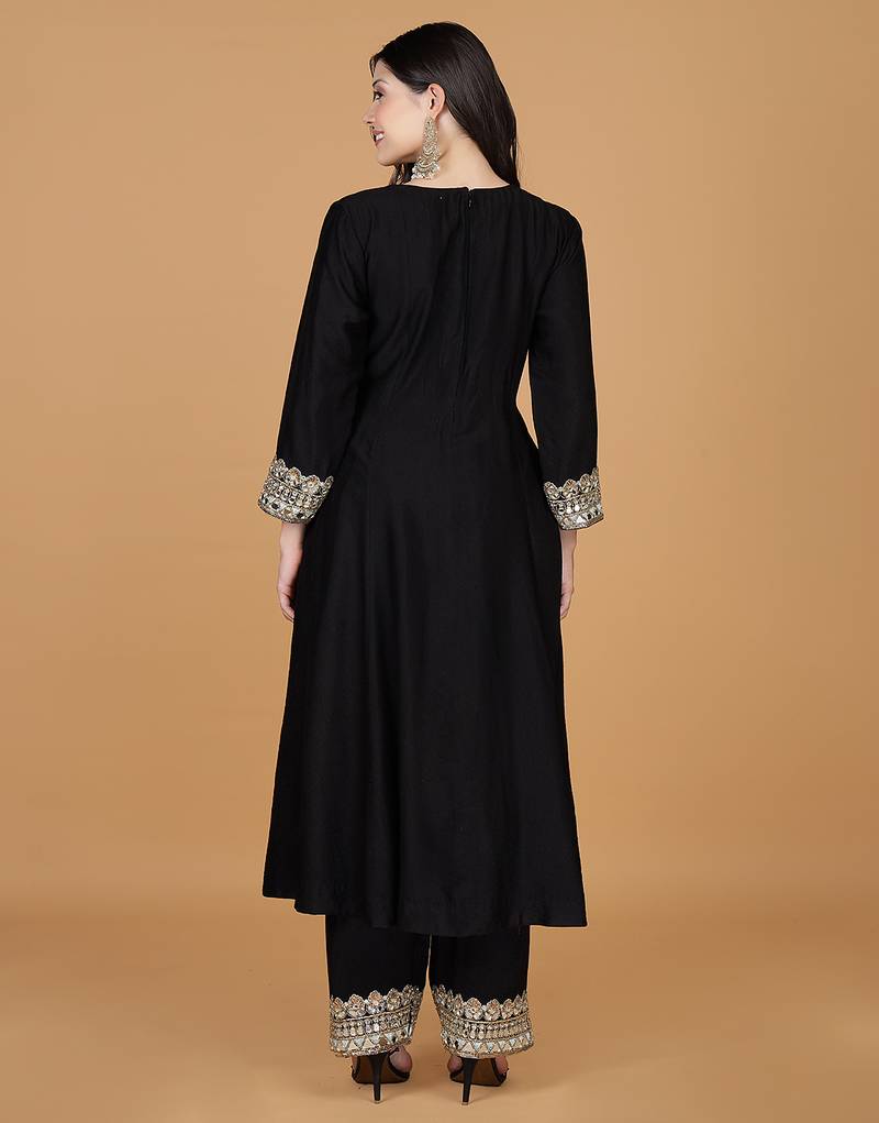 Black with mirror work self katan kurta and pant