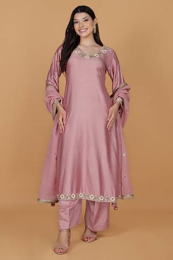 onion pink self design katan silk kurta pant set
