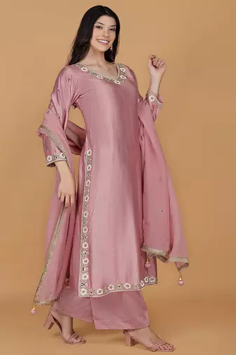 onion pink self design katan silk kurta pant set