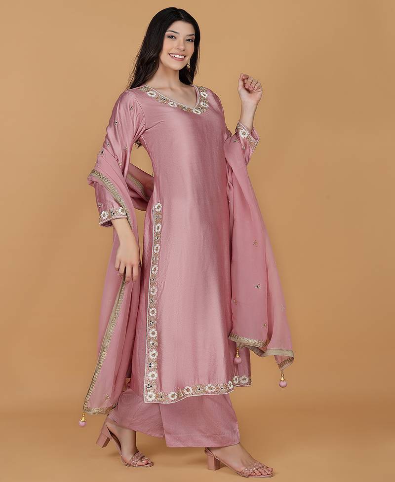 Onion pink self katan kurta pant set