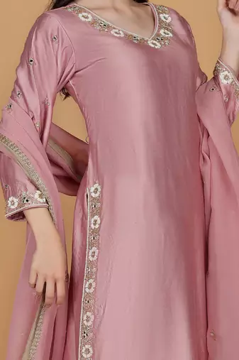 onion pink self design katan silk kurta pant set