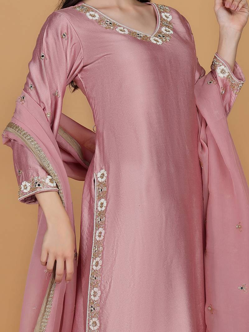Onion pink self katan kurta pant set