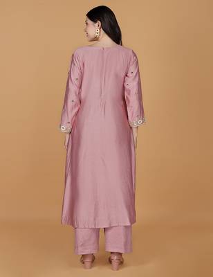 onion pink self design katan silk kurta pant set 4