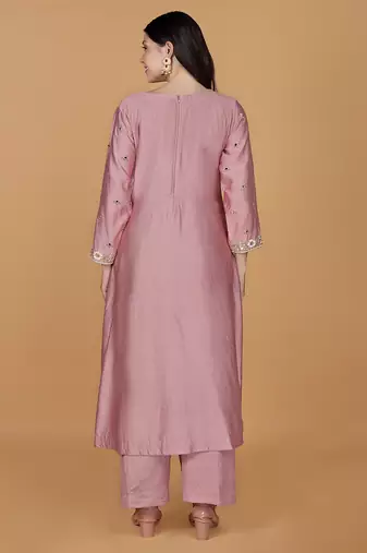 onion pink self design katan silk kurta pant set