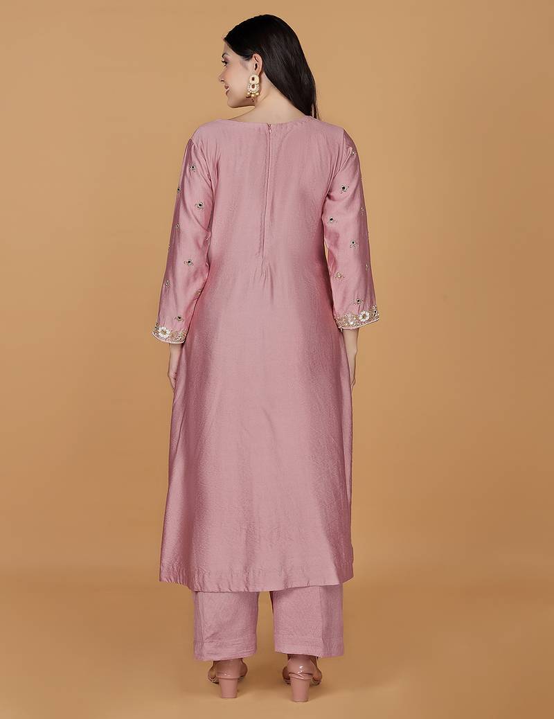 Onion pink self katan kurta pant set