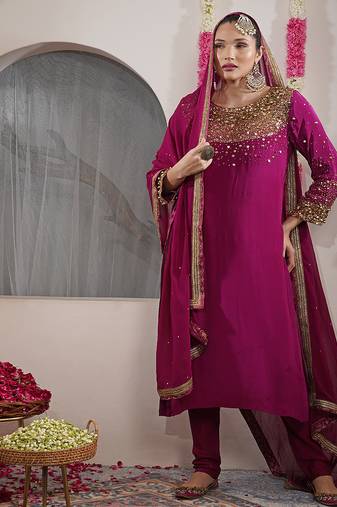 Wine beadwork and sequin crepe kurta and churidar dupatta set
