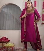 Wine beadwork and sequin crepe kurta and churidar dupatta set