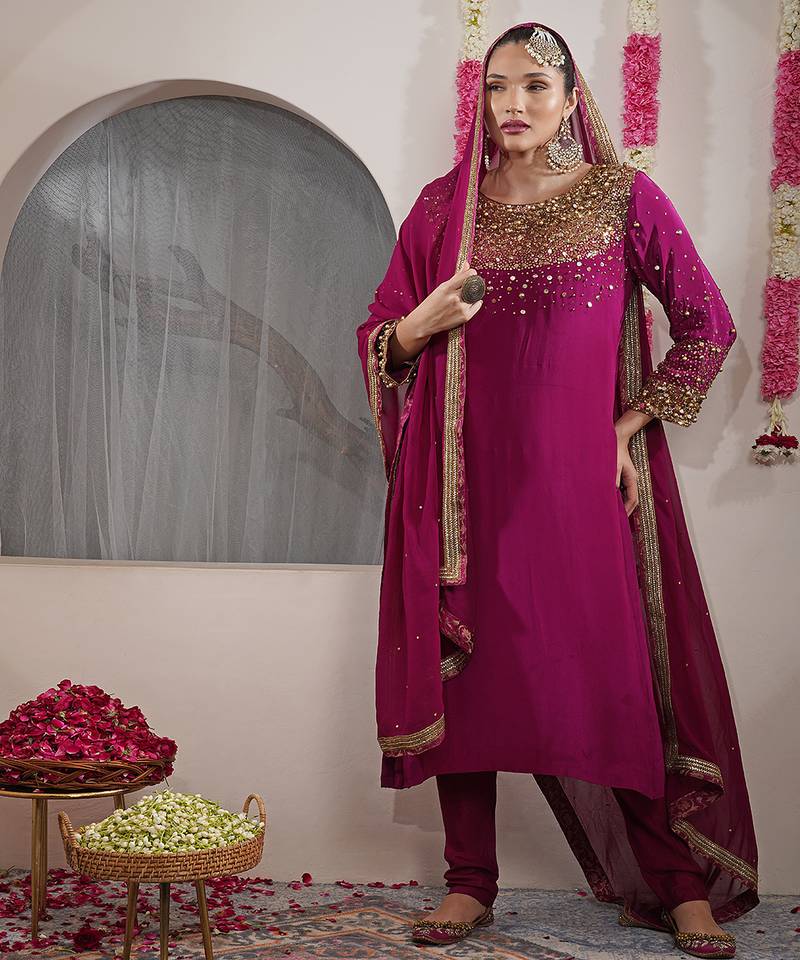 Wine beadwork and sequin crepe kurta and churidar dupatta set