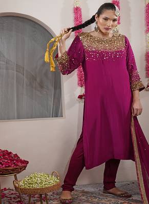 wine beadwork and sequin crepe kurta and churidar dupatta set 2