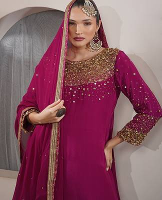 wine beadwork and sequin crepe kurta and churidar dupatta set 3