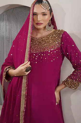 wine beadwork and sequin crepe kurta and churidar dupatta set