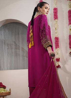 wine beadwork and sequin crepe kurta and churidar dupatta set 4