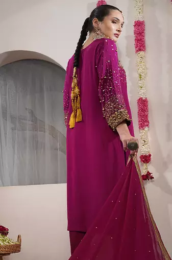 wine beadwork and sequin crepe kurta and churidar dupatta set