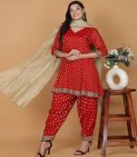 Red georgette kurta salwar set with brocade kundan and pearl work