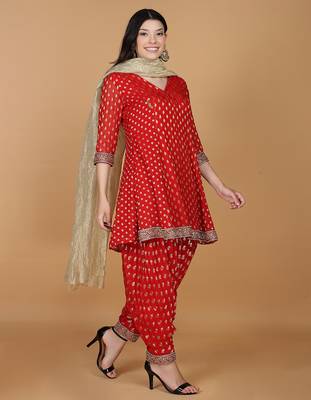 red georgette brocade pearl work kurta salwar set  2
