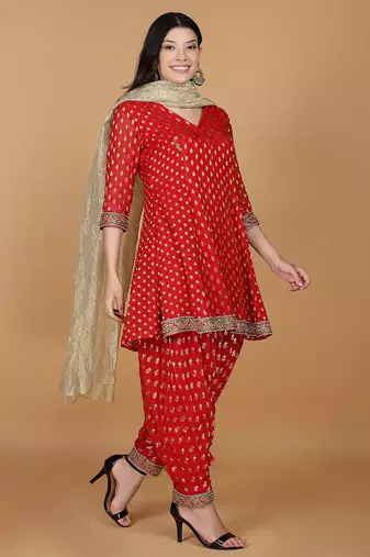 red georgette brocade pearl work kurta salwar set 