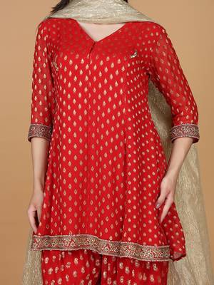 red georgette brocade pearl work kurta salwar set  3