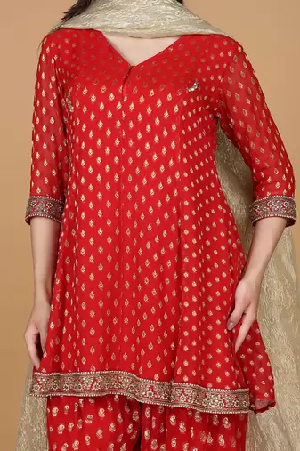 red georgette brocade pearl work kurta salwar set 