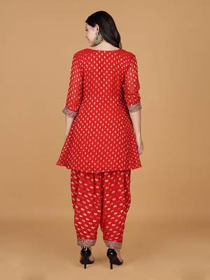 red georgette brocade pearl work kurta salwar set  4