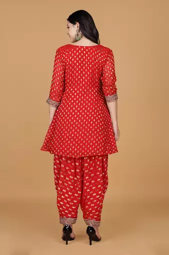 red georgette brocade pearl work kurta salwar set 