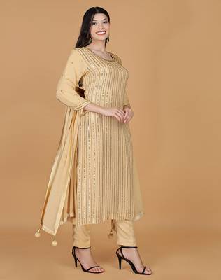 beige georgette embroidered kurta set 1